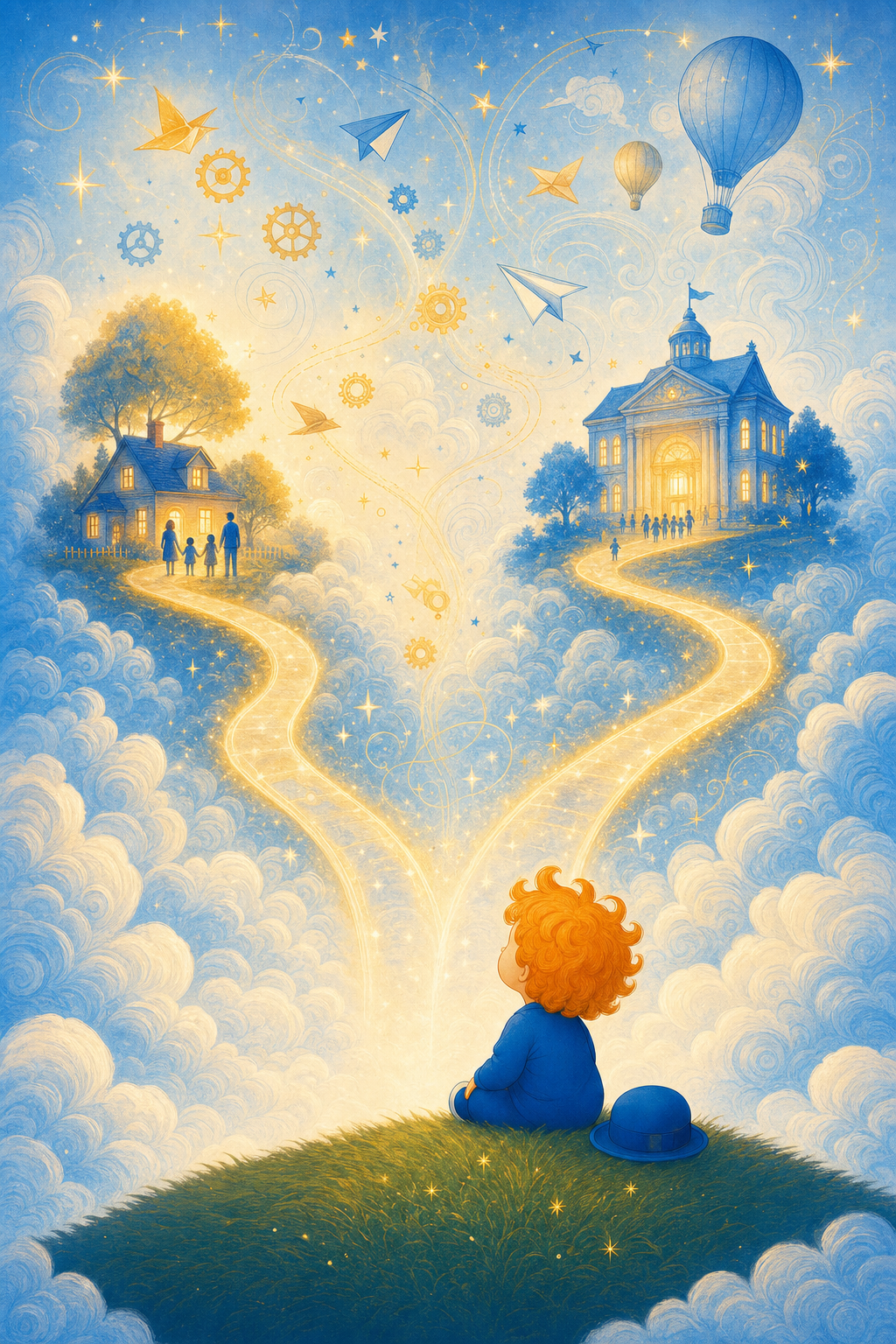 A child at a fork of two glowing pathways winding through clouds — one toward a warm family home, one toward a bright school — beneath a sky of floating gears and stars.