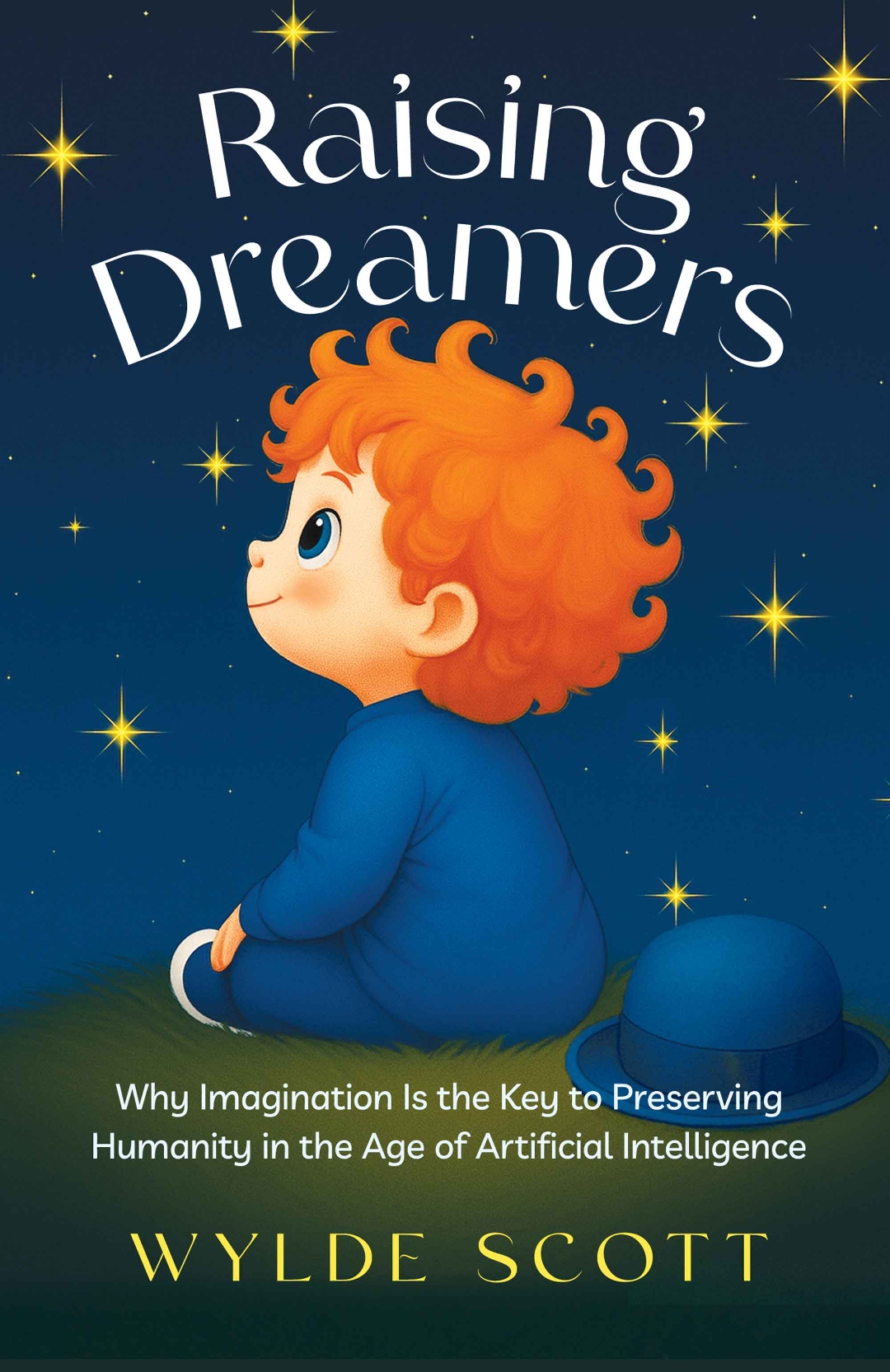 Raising Dreamers book cover — a curly-haired child gazing at a royal-blue starry sky.