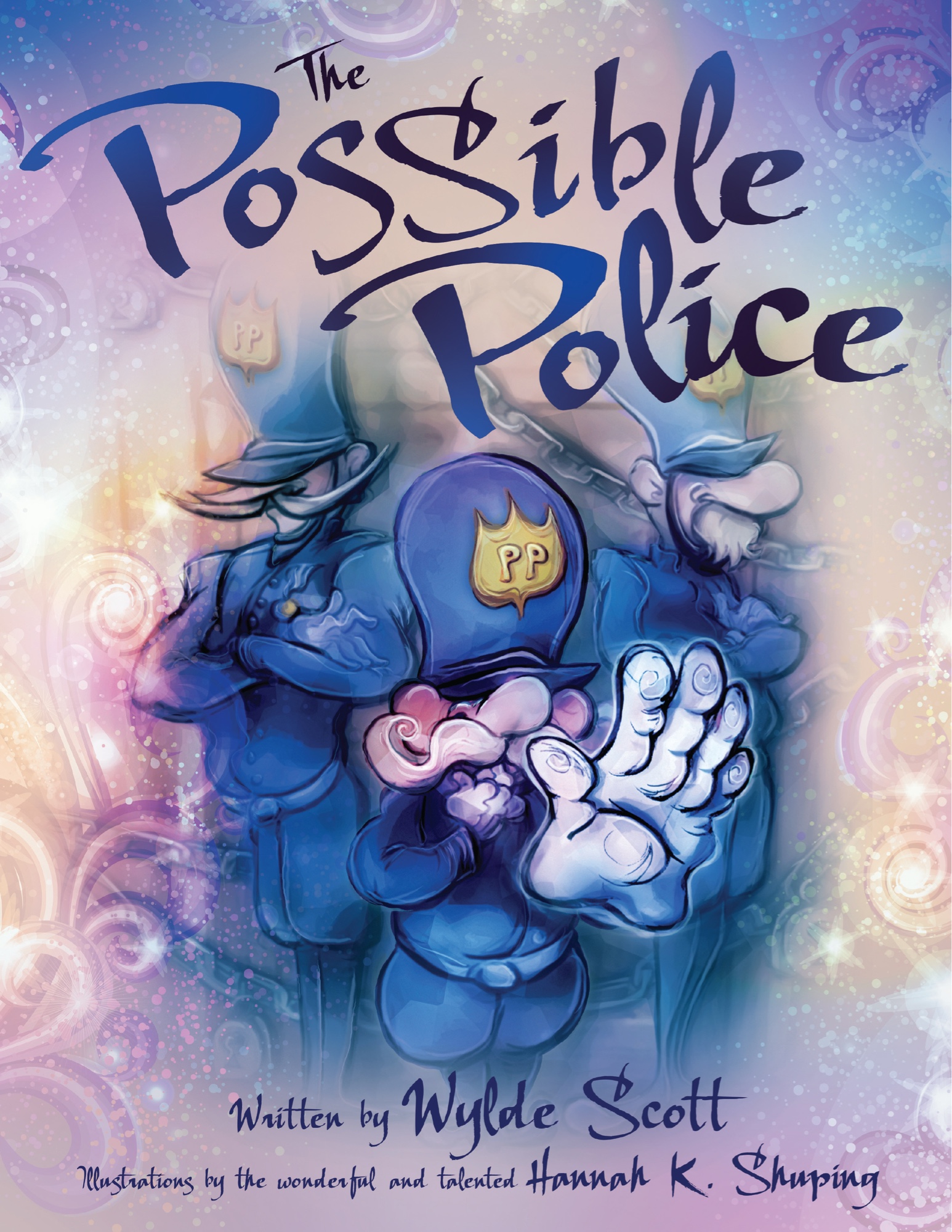 Cover of The Possible Police by Wylde Scott — purple-uniformed officers against a soft sparkling sky.