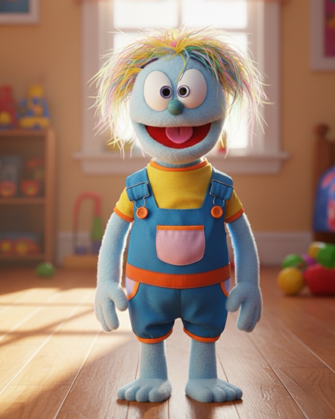 Dizz, a light-blue puppet with wild rainbow hair, a yellow tee, and blue overalls, smiling in a bright playroom.