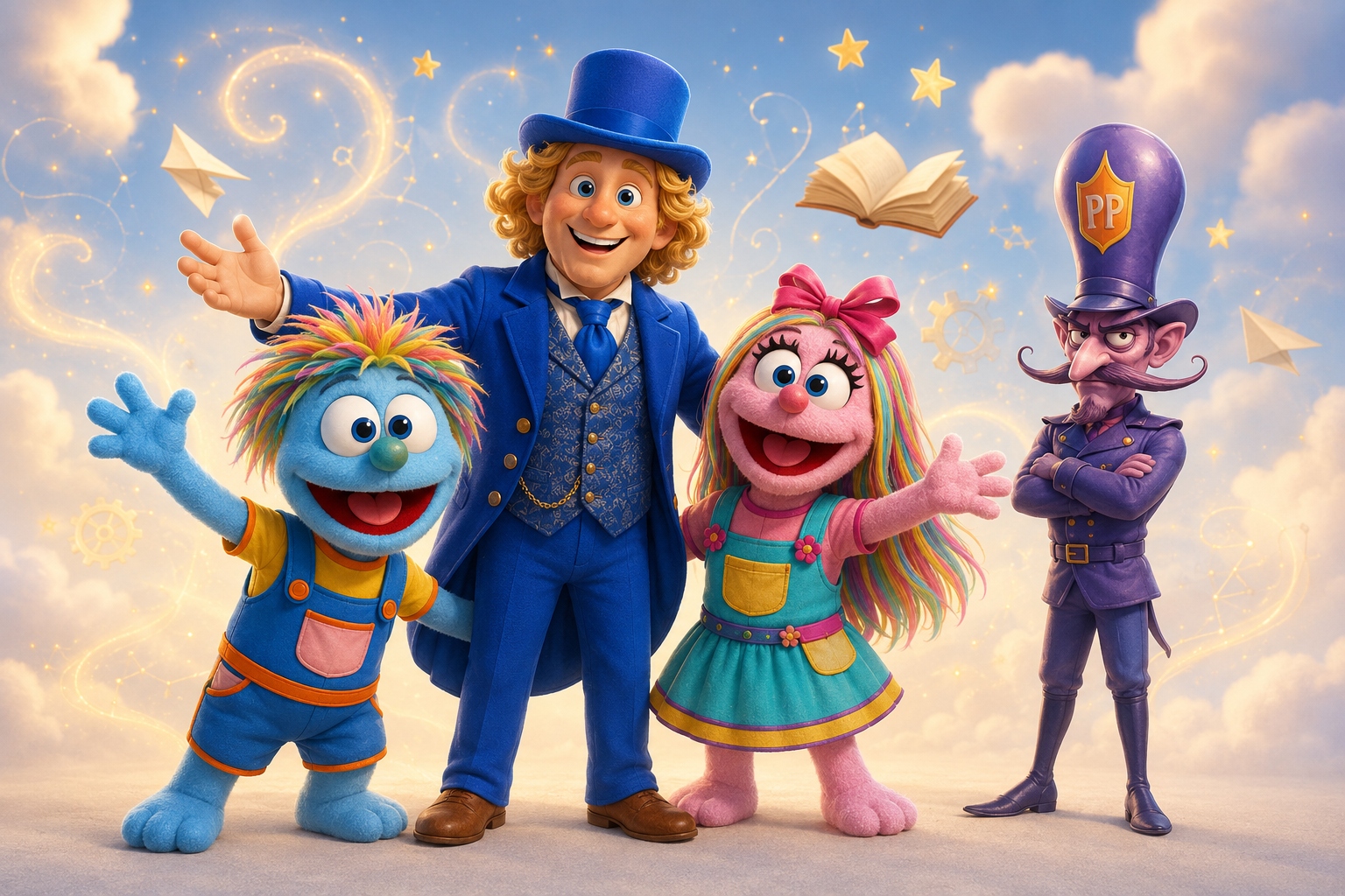Wylde Scott in his royal-blue suit and top hat stands at the center with arms open, flanked by Dizz, a blue puppet with rainbow hair in orange-trimmed overalls, and Didi, a pink puppet with rainbow hair, a pink bow, and a teal-and-yellow dress. To the right stands the Possible Police, a stern purple character with a curled mustache and a tall hat marked PP — all beneath a soft sky of stars, paper airplanes, and a floating book.