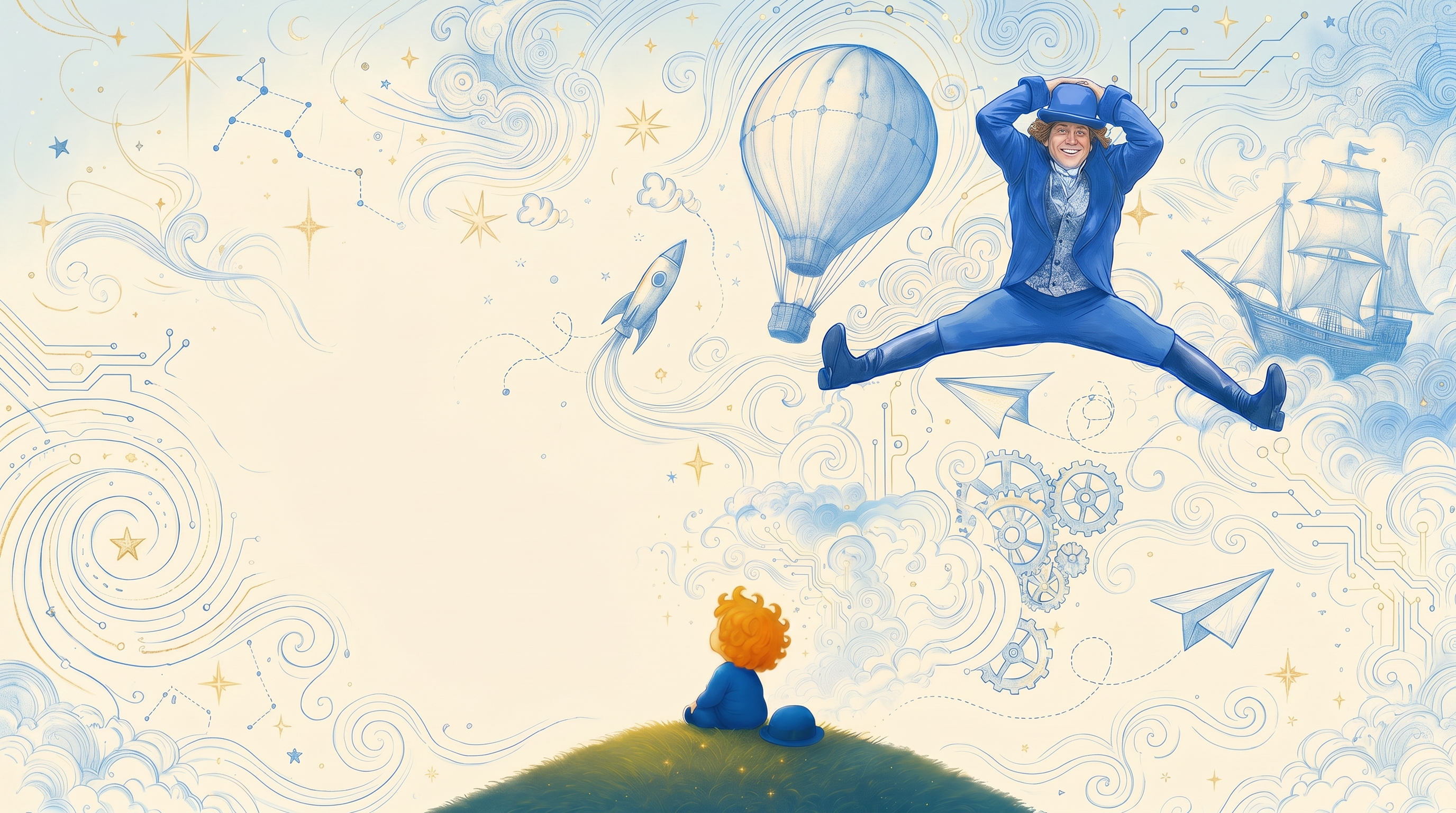 An illustrated dream world in royal blue and gold — a joyful Wylde Scott character in a blue suit and bowler hat leaping through the sky among a hot air balloon, rocket, sailing ship, gears, paper planes, and constellations, while a small child gazes up in wonder.